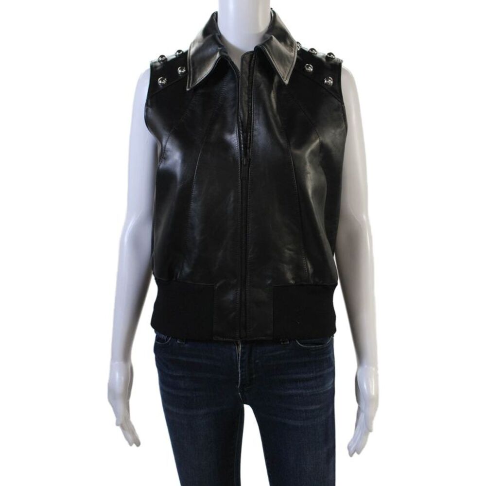 Alexander McQueen Womens Zip Up Collared Studded Leather Vest Jacket Black IT 40